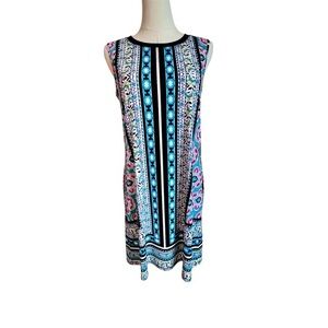 🥳 5/)25 AB STUDIO Colorful Blue Red Floral Geometric Black Stripe Print Dress S